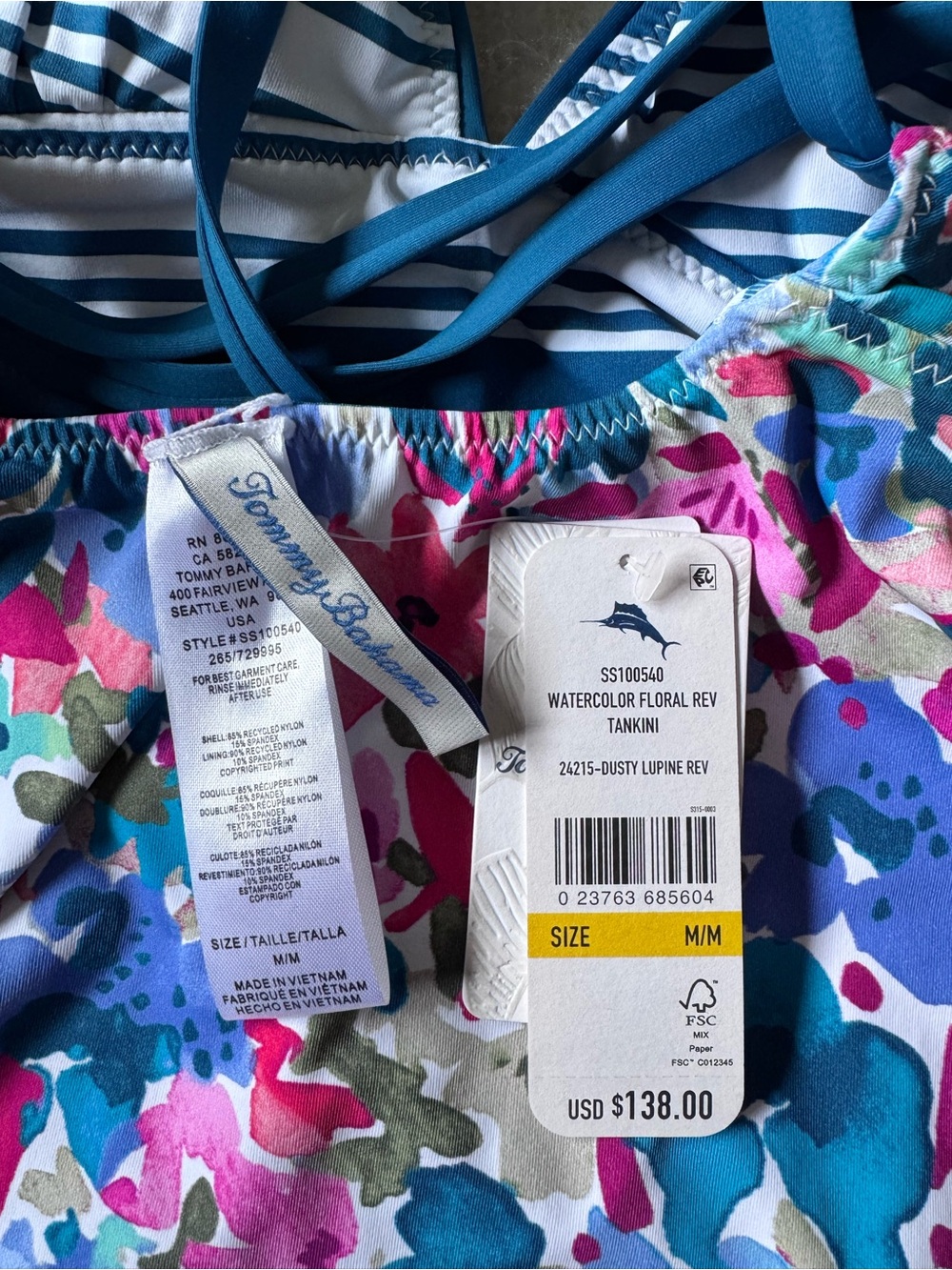 Tommy Bahama Watercolor Floral Reversible Halter Tankini Top And Hipster Bottoms - Picture 10 of 12